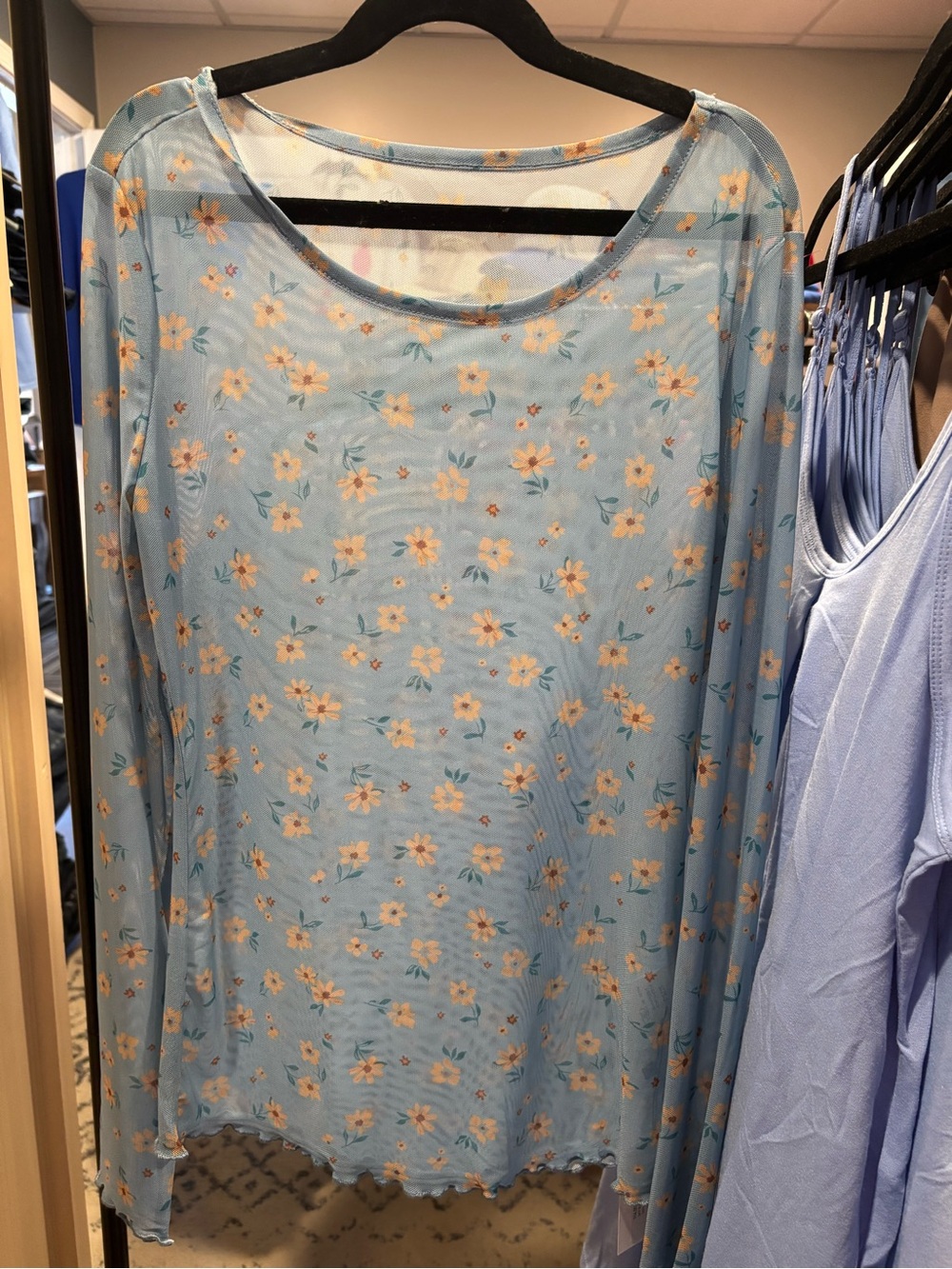 Light Blue Floral Sheer Long Sleeve Top